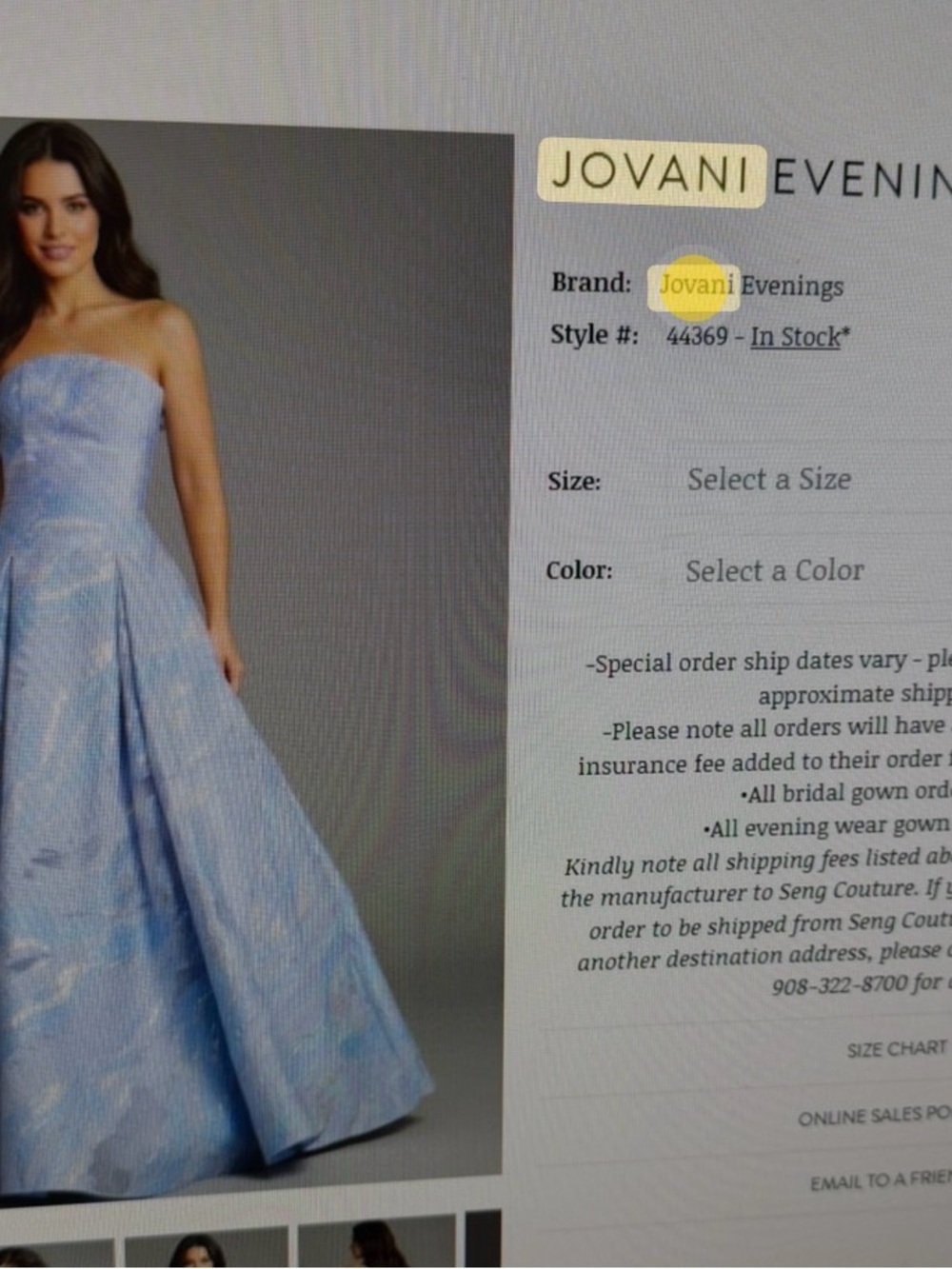 Jovani Strapless Light Blue Jacquard Ball Gown